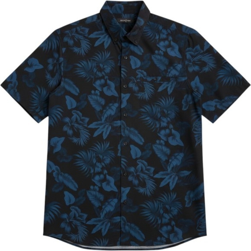 CLEARANCE-Mens Casual Black Short-Sleeve Button-Down Shirt with Navy Floral Prnt - Picture 1 of 7